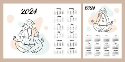 calendário disposição para 2024. meninas meditar. ilustração do pessoas dentro a estilo do linha arte. planador para impressão vetor