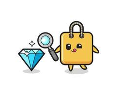 mascote da sacola de compras está verificando a autenticidade de um diamante vetor