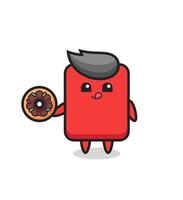 ilustração de um personagem com cartão vermelho comendo uma rosquinha vetor