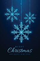 alegre Natal baixo poli bandeira. poligonal estrutura de arame malha ilustração com suspensão flocos de neve. abstrato moderno vetor ilustração em Sombrio azul fundo