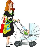 vetor do mãe segurando compras bolsas e empurrando dela bebê dentro carrinho de bebê.