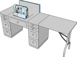 3d vetor ilustração do uma de costura máquina em uma trabalhando mesa branco fundo