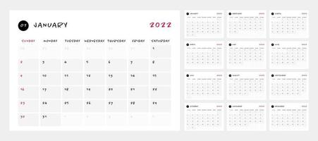 calendário 2022, 12 meses no estilo simples mesa limpo mínimo. vetor
