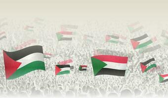 Palestina e Sudão bandeiras dentro uma multidão do torcendo pessoas. vetor