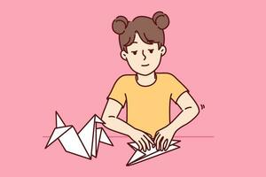 pequeno menina faz origami pássaro de dobrando papel animais e em desenvolvimento próprio criatividade. criança é acionado dentro origami arte, preparando falso para escola exibição e sonhando do tornando-se escultor vetor