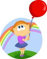 menina com uma vermelho balão, ilustração, vetor em uma branco fundo.