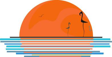 uma panorama do uma pássaro vôo e a três flamingo pássaros ao longo a Beira Mar desfrutando a pôr do sol, vetor ou cor ilustração.