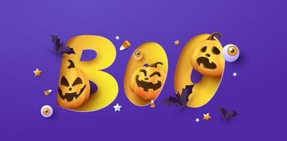 desenho de banner de halloween com tipografia de corte de papel boo e abóboras vetor