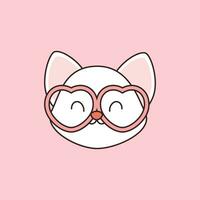 fofa kawaii branco gato face com coração óculos vetor