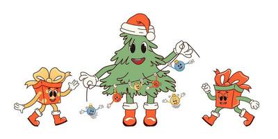 alegre, alegre presente caixas e Natal árvore. retro personagem dentro desenho animado elegante groovy estilo. a atmosfera é a partir de a anos 60 e anos 70. alegre Natal e feliz Novo ano. vetor