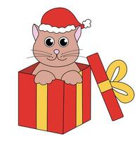 desenho animado Natal e Novo ano gato personagem. fofa gatinho dentro presente caixa. vetor plano ilustração.