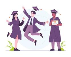 vetor feliz alunos com graduação diplomas. graduado alunos comemoro graduação a partir de faculdade, universidade, ou Alto escola