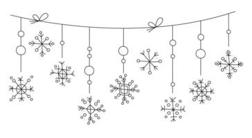 Natal festão com flocos de neve suspensão em uma corda. rabisco vetor Preto e branco clipart ilustração.