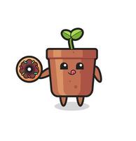 ilustração de um personagem em um vaso de plantas comendo uma rosquinha vetor