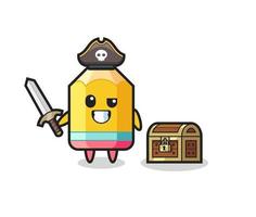 o personagem pirata lápis segurando uma espada ao lado de uma caixa de tesouro vetor