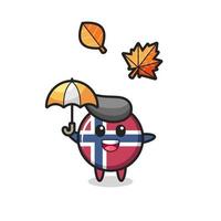 desenho do distintivo bonito da bandeira da Noruega segurando um guarda-chuva no outono vetor