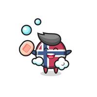 personagem do distintivo da bandeira da noruega tomando banho segurando sabonete vetor