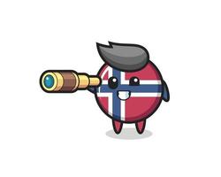 personagem fofo com a bandeira da Noruega segurando um telescópio antigo vetor