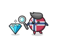 mascote do emblema da bandeira da noruega está verificando a autenticidade de um diamante vetor