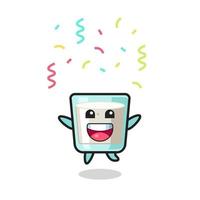 mascote do leite feliz pulando para parabéns com confete colorido vetor