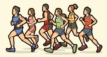 grupo do pessoas corrida juntos corredor maratona misturar masculino e fêmea vetor