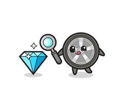 mascote da roda de carro está verificando a autenticidade de um diamante vetor