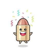 mascote bala feliz pulando para parabéns com confete colorido vetor