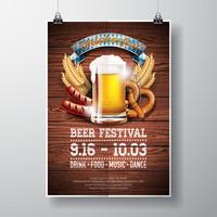 Ilustração do vetor do cartaz de Oktoberfest com cerveja de cerveja pilsen fresca no fundo de madeira da textura.