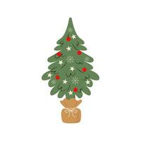 decorado Natal árvore com presente caixas, estrelas, luzes, decoração bolas, e lâmpadas. alegre Natal e uma feliz Novo ano. plano estilo vetor ilustração.