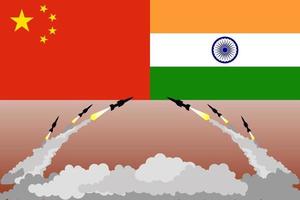 ilustração de disparar mísseis no fundo de bandeiras da China e da Índia. vetor