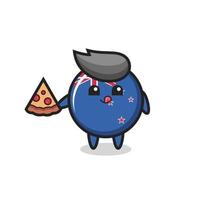 Desenho do distintivo fofo da bandeira da Nova Zelândia comendo pizza vetor