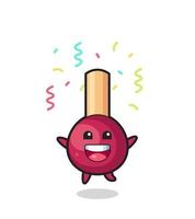 mascote de partidas felizes pulando para parabéns com confete colorido vetor