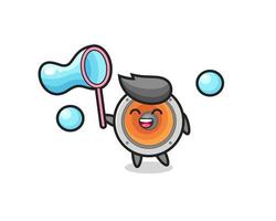 desenho animado do alto-falante feliz jogando bolha de sabão vetor