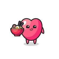 personagem símbolo de coração fofo comendo macarrão vetor