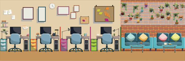 Modern Office Interior local de trabalho e relaxar lugar, ilustração vetorial plana
