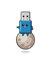 ilustração de um flash drive usb cartoon sentado na lua vetor