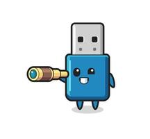 personagem usb de flash drive fofo segurando um telescópio antigo vetor