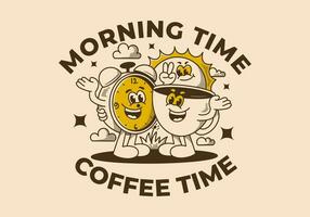 manhã tempo, café tempo. mascote personagem do café xícara, alarme relógio e uma Sol vetor