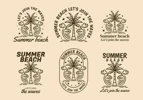 verão praia, vamos Junte-se a ondas. linha arte ilustração do coco árvore e ondas vetor