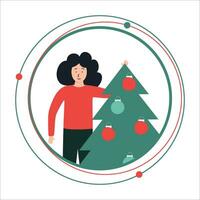 Novo ano, Natal adesivo com uma menina segurando uma Natal árvore. cumprimento vetor ilustração isolado em branco fundo. feliz esperando para a inverno feriados.