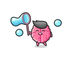 desenho animado do cérebro feliz jogando bolha de sabão vetor