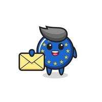 ilustração dos desenhos animados do distintivo da bandeira da europa segurando uma letra amarela vetor