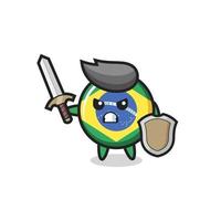 Soldado com emblema da bandeira do brasil lutando com espada e escudo vetor