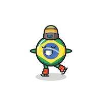 desenho animado do distintivo da bandeira do brasil como um jogador de patinação no gelo fazendo performance vetor