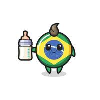 Bebê brasil bandeira distintivo personagem de desenho animado com garrafa de leite vetor