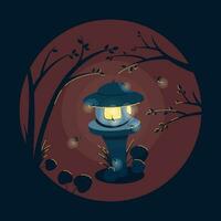 japonês lanterna com uma vagalumes dentro caloroso verão tarde em uma Sombrio azul fundo vetor