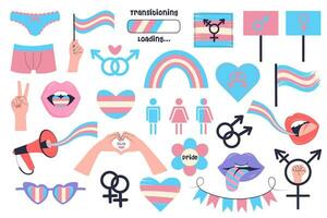 transgêneros visibilidade conjunto do símbolos. lgbtq adesivo pacote. arco Iris Rosa e azul ícones. orgulho mês, bissexual, gênero igualdade, humano direitos, transgêneros transexual conceito. vetor