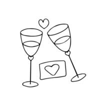 mão desenhado dois feriado óculos com champanhe ou vinho, namorados, amor carta com coração forma. rabisco amor símbolos feriado clipart. dia dos namorados dia conceito. isolado em branco fundo. vetor