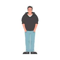 uma cara dentro uma suéter e jeans poses com dele mãos dentro dele bolsos. desenho animado estilo vetor