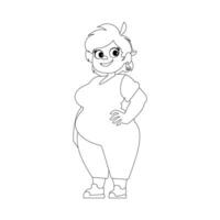 Preto e branco linha arte, gordo mulher posando e sorridente. fofa excesso de peso garota, corpo positividade tema. coloração estilo vetor